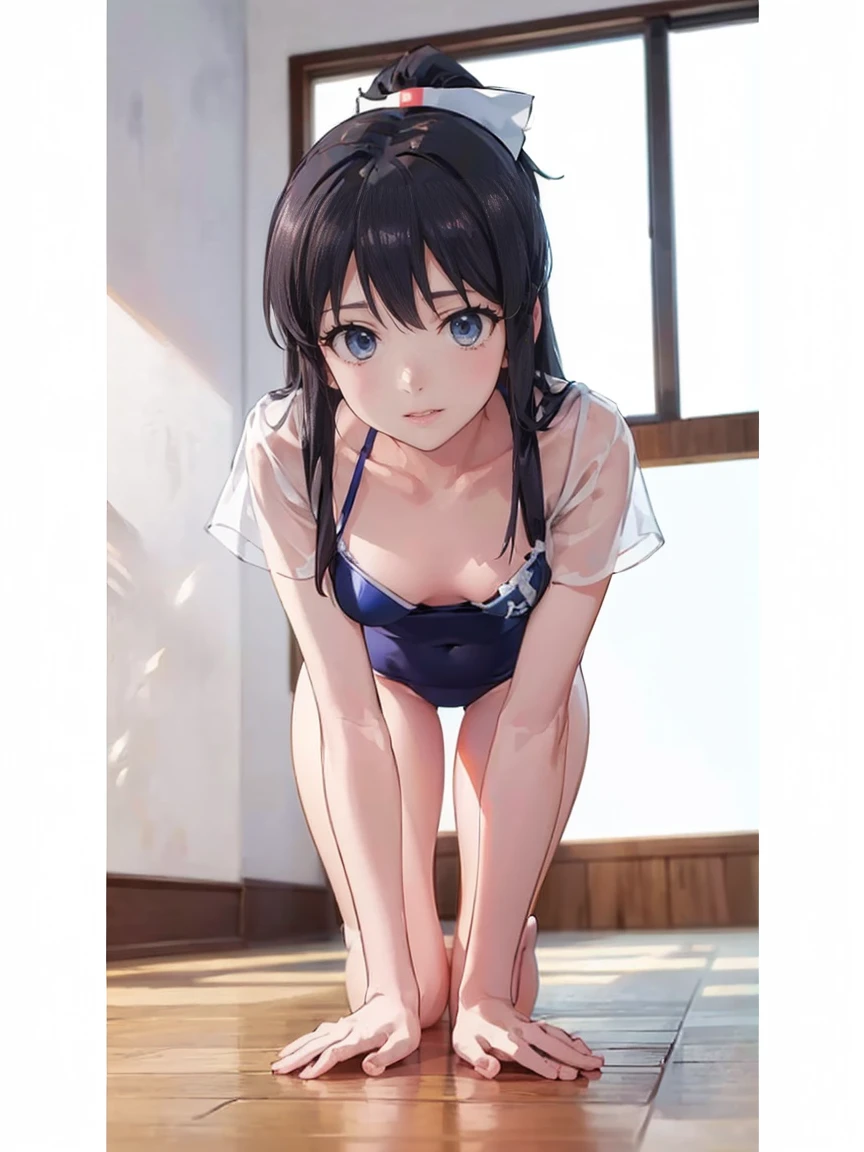 (( Fleet Collection、Kantai Collection、Yao)),(((nurse、Swimwear、belly button)))、woman,Cowboy Shot, (((white background))) 、Best image quality, high quality, The background is clear，きれいなwoman, Japanese, detailed, detailed eyes, detailed skin, Beautiful Skin, 超High resolution, (reality: 1.4),とても美しいwoman, A  younger face, Beautiful Skin, thin, (Ultra-photorealism), (High resolution), (8K), (非常にdetailed) 、(Beautiful and detailed eyes), (非常にdetailed), (detailed face), Displaying the viewer, Fine details, detailed face, smile,Straight,Looking Ahead, StraightLooking Ahead, Photo Real,Hairstyle: ponytail、short hair,Brown Hair、smile、Very delicate body、Very flat chest、hair over one eye, from below,(Kneel, On all fours:1.2), ( Looking at the audience:1.4), (Stick your butt out:1.2), Dutch Angle、Normal limbs、
