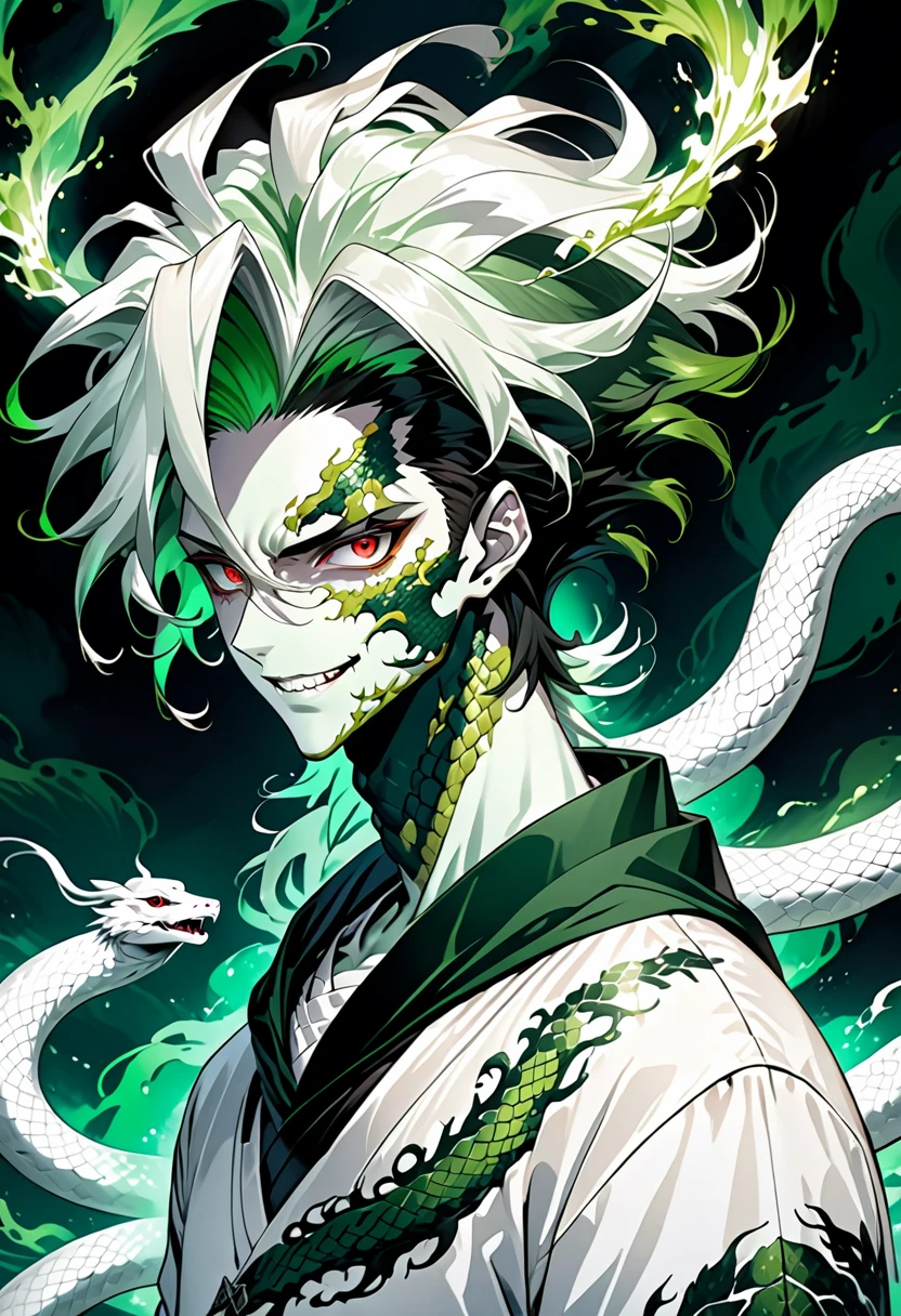 Generate an anime-style illustration of a teenage male character with the appearance of a Gorgon. He should have pale skin, sharp facial features, and a monstrous look, with green scales covering parts of his face and body. His hair should be made entirely of slender, elegant white snakes with subtle green highlights, all oozing a green liquid aura. The snakes should have piercing red eyes. The character should be wearing a white trench coat hoodie with accents of green, creating a harmonious green and white color theme. He should have a sinister grin on his face. Please ensure that the overall aesthetic remains true to traditional anime art style
