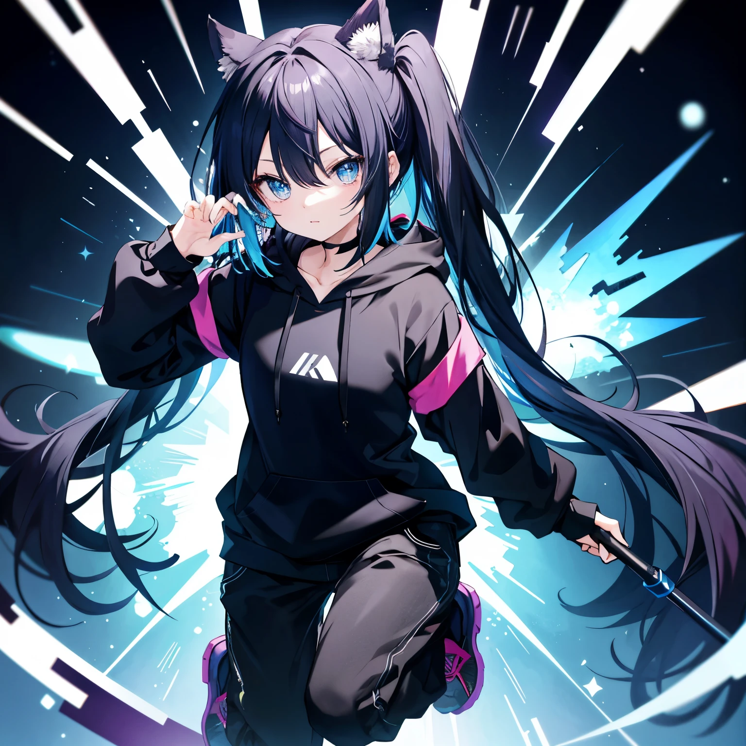 Cute 2D Anime Girl: wear a black hoodie and skinny black pant, blue silky hair, >, long hair, blue eyes, have air effect, deep shadow, super detail background and shadows, 16k quality, masterpiece, colorful art, full body, grabbing a magic wand on her hand, >, all body, best quality, no glitches on image, advanced quality detail on image.