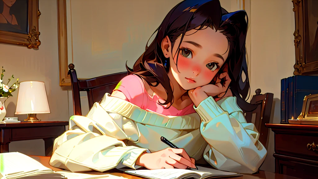 (Highest quality, masterpiece, Ultra-realistic), Beautiful and delicate15Year-old girl portrait, With a calm and gentle expression, The background is a man studying hard at his desk in his bedroom at home.、Off-the-shoulder summer sweater、Bust is D cup、It's summer、The decorations are retro、Landscape、Holding a pen、I read a book、Glamour