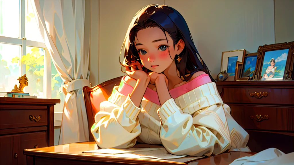 (Highest quality, masterpiece, Ultra-realistic), Beautiful and delicate15Year-old girl portrait, With a calm and gentle expression, The background is a man studying hard at his desk in his bedroom at home.、Off-the-shoulder summer sweater、Bust is D cup、It's summer、The decorations are retro、Landscape、Holding a pen、I read a book、Glamour