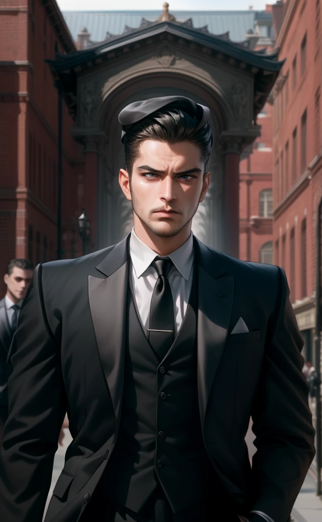(masterpiece,best quality,Extremists_detailed,high resolution),A man，Perfect body，Gangster，Domineering，Feeling，short hair，frown，Serious expression，Wearing a black suit，Two bodyguards behind him，Background is the street，Full body portrait，Facing the camera，Look into perspective，Vision，Masterpiece，8K，2.5D，Second dimension style