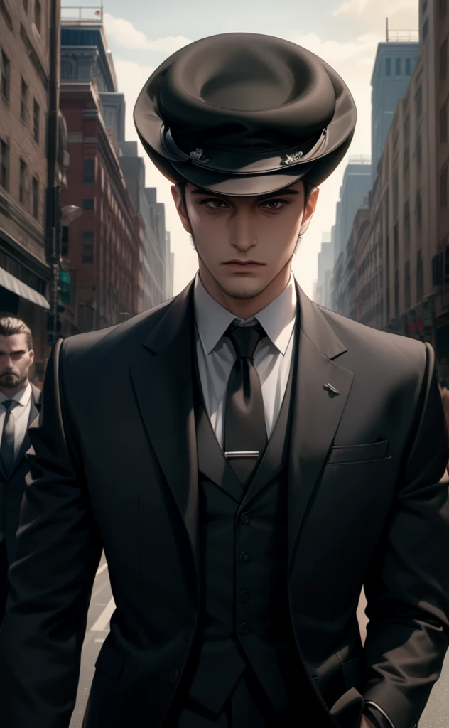 (masterpiece,best quality,Extremists_detailed,high resolution),A man，Perfect body，Gangster，Domineering，Feeling，short hair，frown，Serious expression，Wearing a black suit，Two bodyguards behind him，Background is the street，Full body portrait，Facing the camera，Look into perspective，Vision，Masterpiece，8K，2.5D，Second dimension style