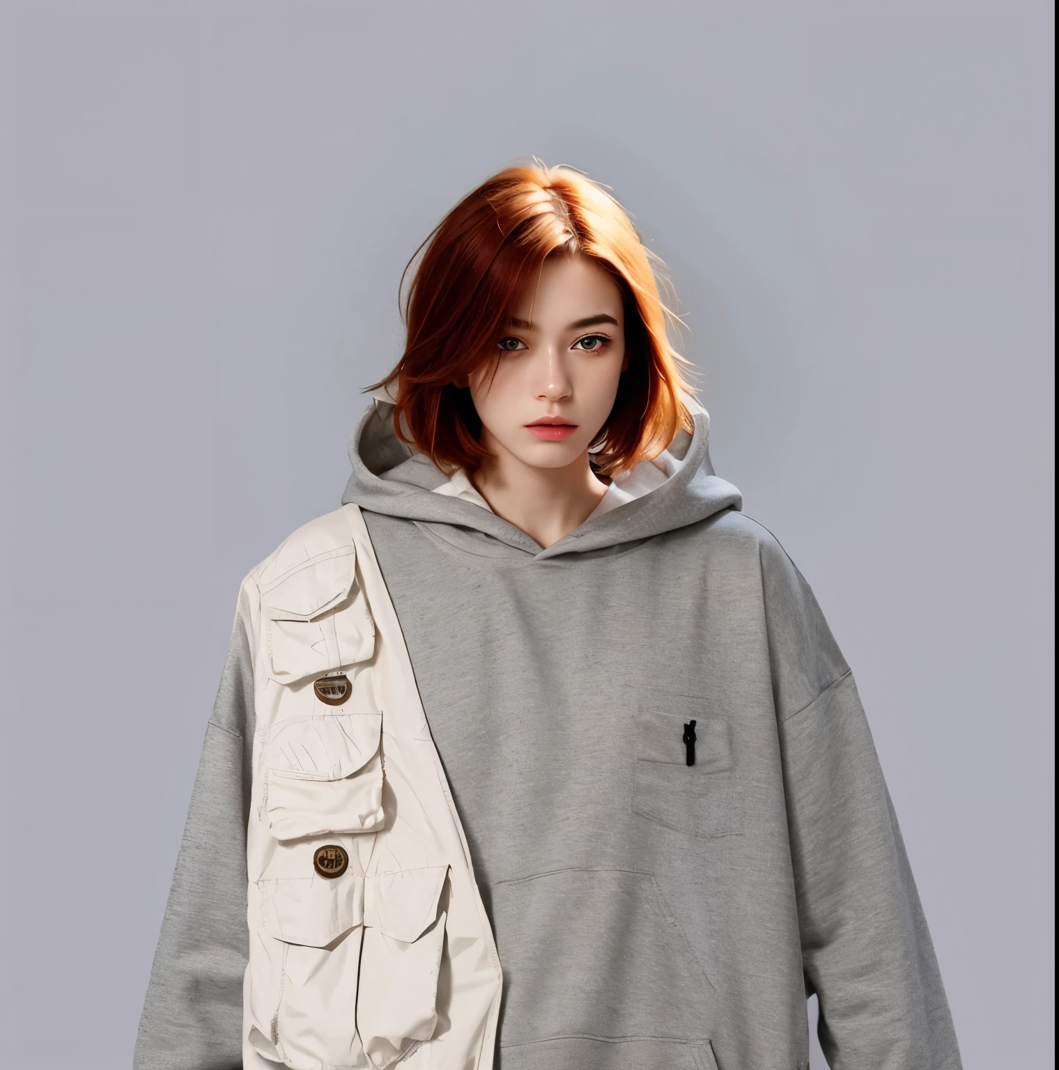 Masterpiece, Best Quality, Ultra-Detailed, 1girl, ginger hair, red hair, short hair, light brown eyes, pale skin, skinny, athletic, gray multi pocket hoodie, multi pocket hoodie, looking at the viewer