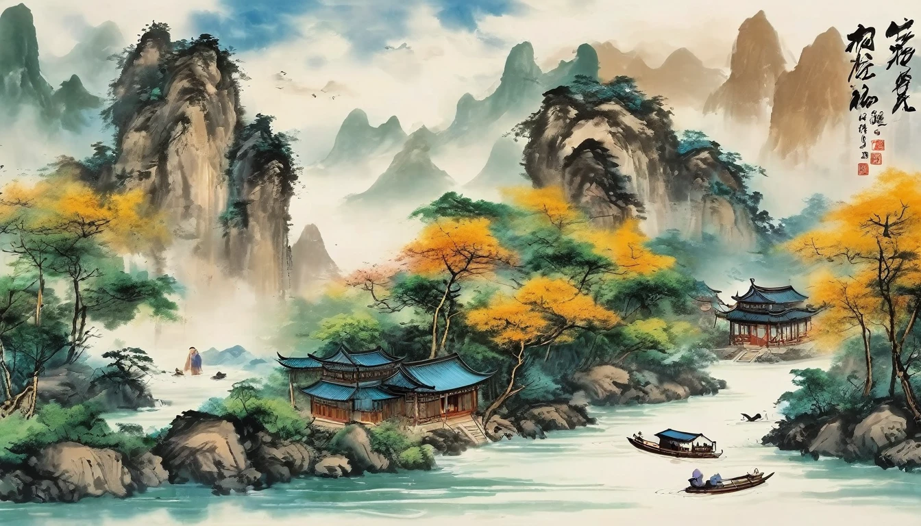 Highest quality,8K,Ultra Clear,Kimman.and, river,There is a boat in the water,There is an island on top of the mountain, Ink Painting, Chinese style,