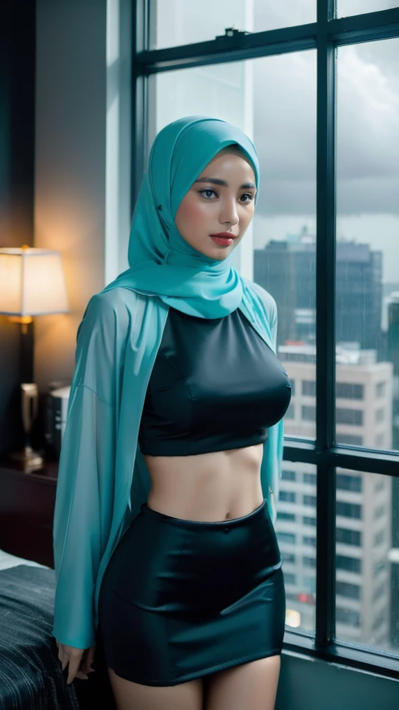 ((Best quality, 8k, Masterpiece :1.3)), Full body, Sharp focus :1.2, Beautiful woman with perfect figure :1.4, Slender stomach :1.2, ((cyan, and black hair)), body dress : 1.1 , ( Night city view, large windows, rain outside, Bedroom :1.1), Highly detailed facial and skin textures, Detailed eyes, Double eyelids, large breasts, Muslim clothing, hijab, Interior Scene, Office, restrained, Closed, dark space, cloudy clouds, Covering the intimate parts