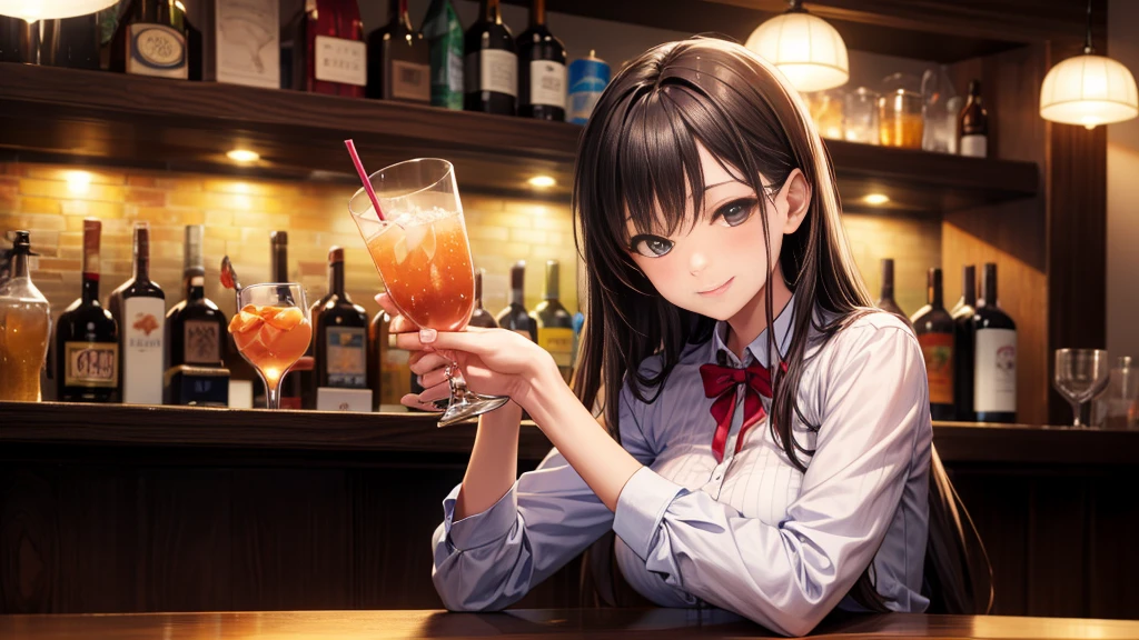 A woman drinking alone at a bar、Looking at me and smiling、Offering me a drink