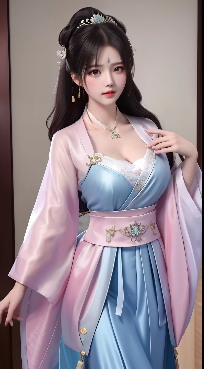 best quality, masterpiece, highres, 1girl,china dress,hair ornament,necklace, jewelry,Beautiful face,upon_body, tyndall effect,photorealistic, dark studio, rim lighting, two tone lighting,(high detailed skin:1.2), 8k uhd, dslr, soft lighting, high quality, volumetric lighting, candid, Photograph, high resolution, 4k, 8k, Bokeh, Wet-breasted Hanfu open V-chested clothes, All pictures, Wet body of thin silk fabric, Thin silk lace petticoat,princess 10 yeald old cute, (huge ，cleavage),petticoat, white pink, blue ，best qualtiy，tmasterpiece，Ultra-high resolution，（Reality：1.4），RAW photogr，（True skin texture：1.3），（filmgrain：1.3），（Selfie angle），1个Giant Breast Girl，Beautiful eye and face details，tmasterpiece，Best quality at best，exposing thighs，Bigchest，The chest is more exposed, pattern on fabric