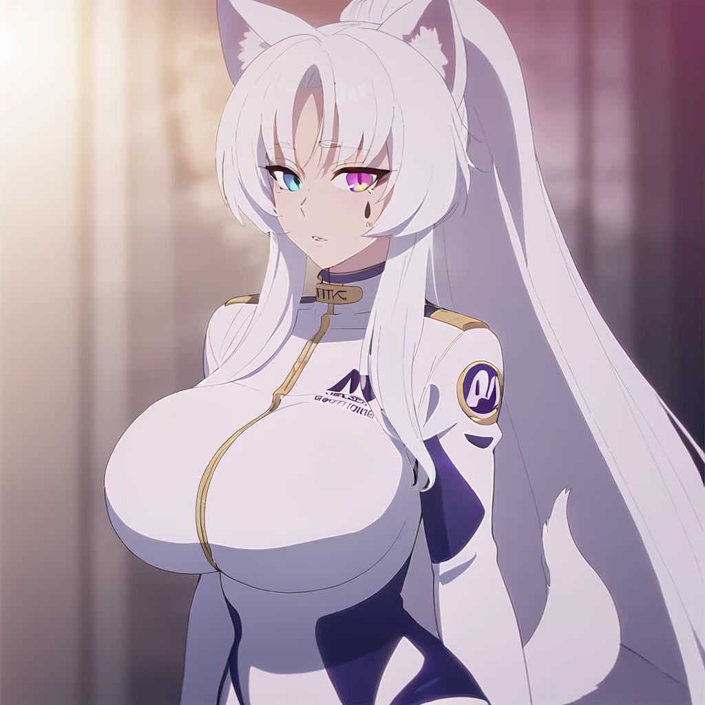 beautiful white neko, long white neko ears, white neko tail, anime style, purple eye, blue eye, big breasts, extremely detailed eyes and face, Wearing White and Purple Race Suit, white long hair, heterochromia, wide waist, mature woman, black small beauty mark under right eye, high heels