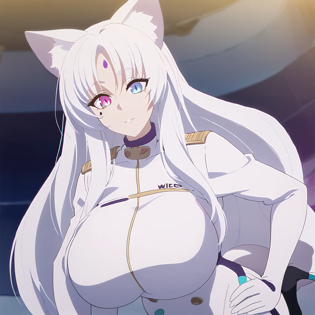 beautiful white neko, long white neko ears, white neko tail, anime style, purple eye, blue eye, big breasts, extremely detailed eyes and face, Wearing White and Purple Race Suit, white long hair, heterochromia, wide waist, mature woman, black small beauty mark under right eye, high heels
