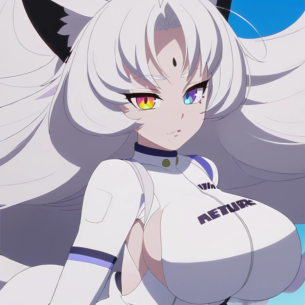 beautiful white neko, long white neko ears, white neko tail, anime style, purple eye, blue eye, big breasts, extremely detailed eyes and face, Wearing White and Purple Race Suit, white long hair, heterochromia, wide waist, mature woman, black small beauty mark under right eye, high heels
