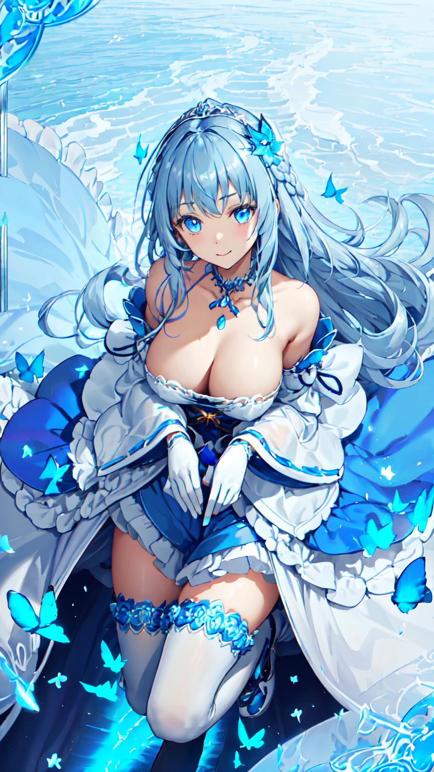 (Top view),Dynamic angle,Extremely detailed, illustration, close up, straight on, 1 Girl, (fantasy:1.4), (Blue eyes:1.233),Her eyes shone like Dreamy stars,(Glowing eyes:1.233),(Beautiful and delicate eyes:1.1),(Silver Hair:1.14),(messy hair,Very long hair,French Braid,Hair between the eyes,Side lock), (+(Blue hair flowers:1.14)),(Chiffon Dress,Blue flower pattern)/=(Uniform:1.24),(Separate sleeves,Wide sleeves),(Fingerless gloves),Necklace,(miko knee-high socks),high-heel boots,(Poker face,Shut up),(permanent), (Classical princess boudoir with dressing table and French windows in a white old palace),(White flowers,bloom),(deep sea),(flowing water),(a dull blue world tree:1.14),(ruins),(night:1.2),Dreamy,soul,(Fluorescence),(Flying translucent blue butterfly:1.15), [[Slender fingers and hands:0.55]::0.85],(Detail fingers),(yubao:0.5),