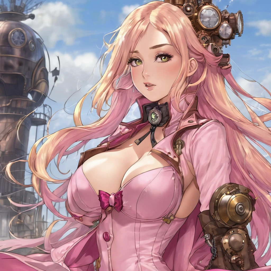 best quality, masterpiece, oral rape, upper body, woman, ruined makeup, blonde hair blown in the wind, shining eyes, steampunk nude style, thin clothes, pink clothes, pink hair, (cum on breasts:1.2)