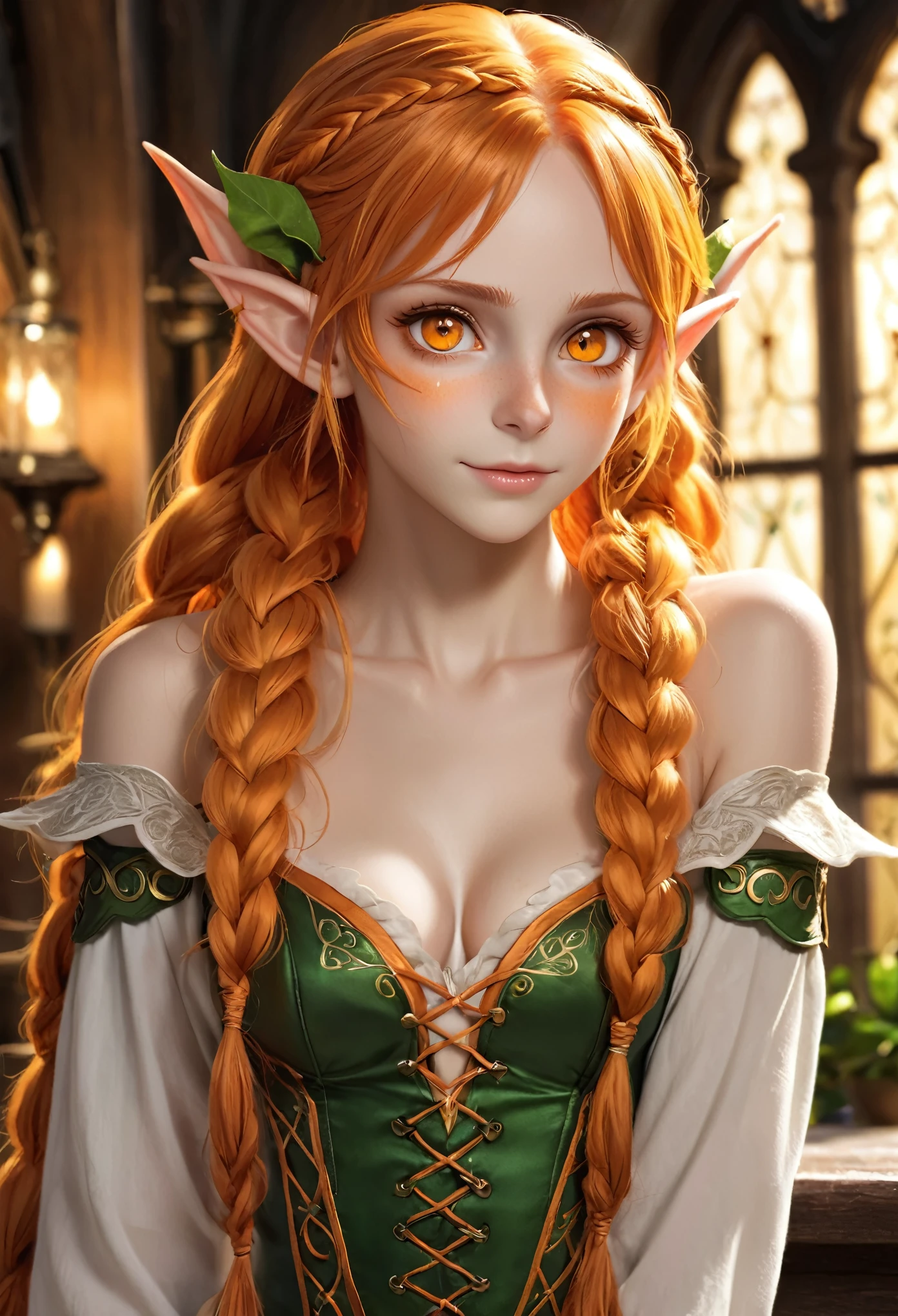 cute elf, ((anime elf  with extremely cute and beautiful orange hair)), (((elf))), (((elf ears))), (((flat chest))), ((((orange hair:1.35,messy orange hair, long hair, huge braids, colored inner hair)))),(((orange_eyes:1.3))) ,intricate eyes, beautiful detailed eyes,symmetrical eyes, (((rous skin:1.5,bright skin: 1.5,skin tanned,shiny skin,very shiny skin,illuminated skin))),(detailed body,(detailed face)), cute, slutty, erotring,(((nsfw))),
(dynamic pose:1.0),embarrassed,(centered,scale to fit dimensions,Rule of thirds),
inside,indoor,((cozy gothic room)),scenery:1.25,((intricate scenery))
