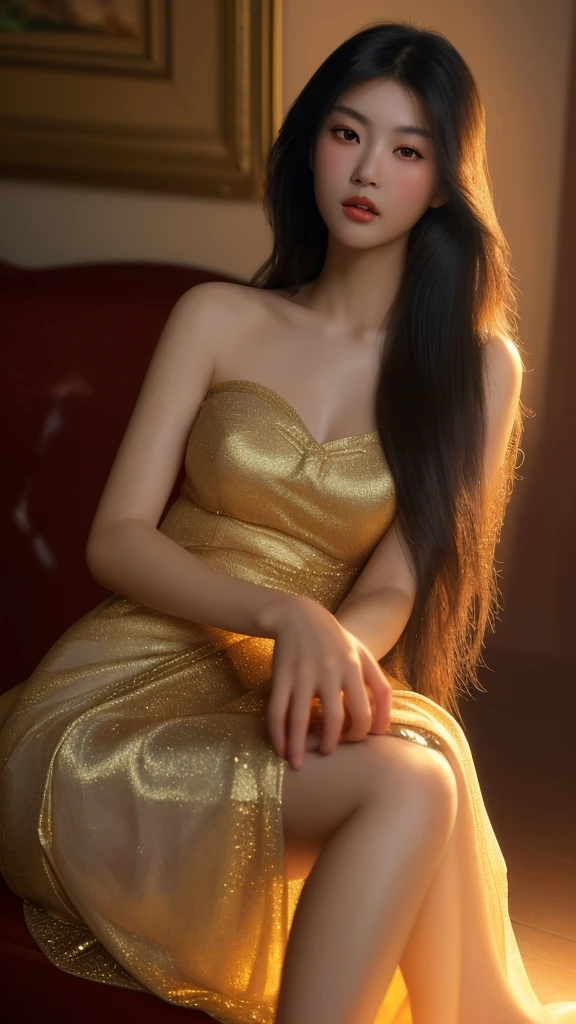 sensual asian girl, detailed face, beautiful eyes, glossy lips, long hair, elegant dress, flirty pose, soft lighting, cinematic atmosphere, detailed skin, photorealistic, 8k, high quality, intricate details, dramatic lighting, warm color palette, chiaroscuro, oil painting, impressionist style