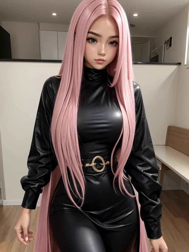 beautiful girl pink long hair . sexy black outfit