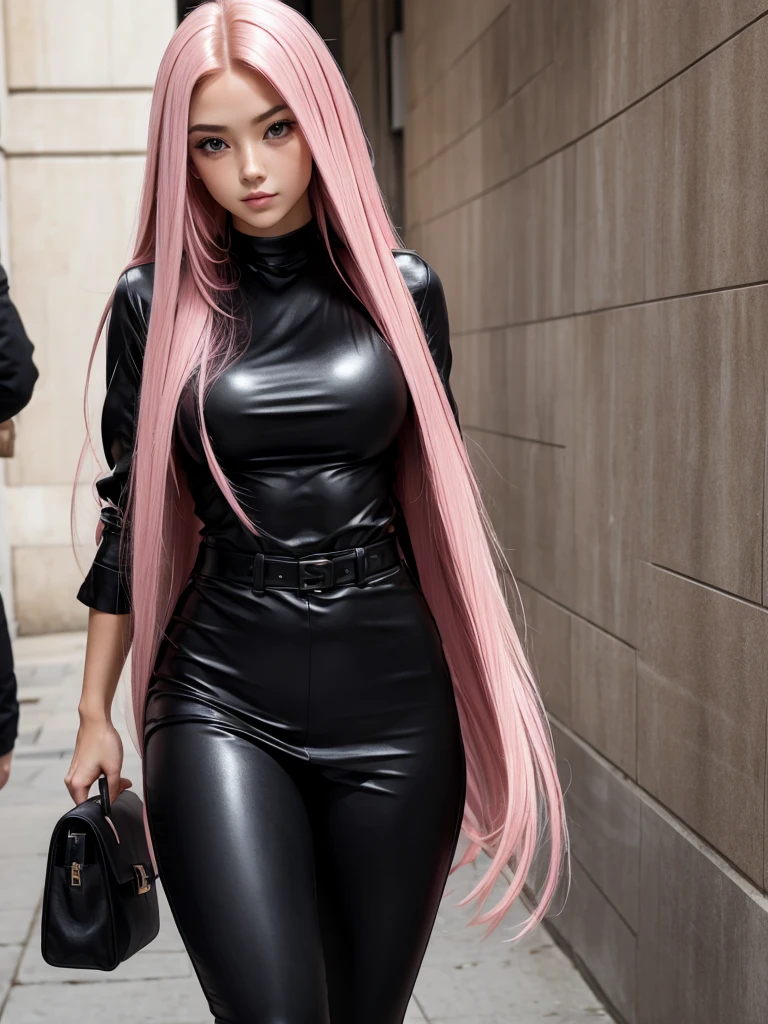 beautiful girl pink long hair . sexy black outfit
