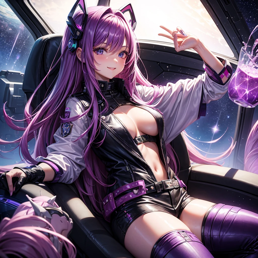 A young sexy woman with long purple hair and sexy clothes sits in a spaceship seat、A beautiful starry sky can be seen from the window.。smile,leather jacket,Future Fashion,Angel Girl,Pink Hair,Horny girl,High-dimensional beautiful girl,Multidimensional beautiful girl,colorful hair colors
