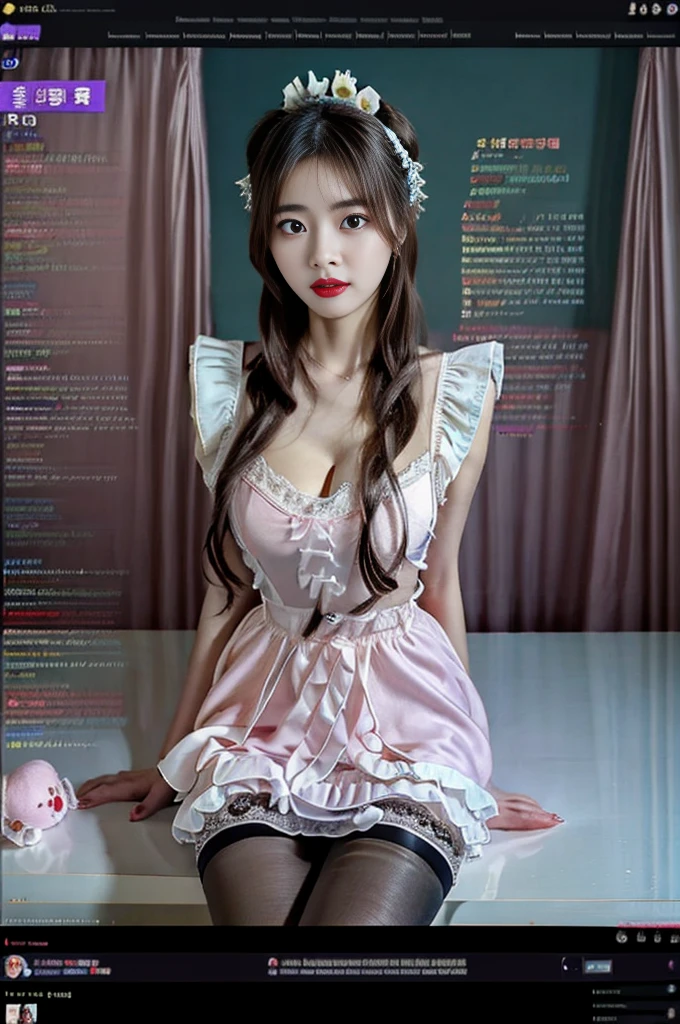 (Bird-eye perspective : 1.5), (((SFW : 1.2))), (intricate details:1.2), (masterpiece:1.3), (top quality:1.4), (Ultra A high resolution:1.2), 8K resolution, dark, (high quality), A woman is filming a Twitch broadcast, she is twitch streamer, she is look happy, korean, 23 years old, fairly slim body, femme fatale makeup, slim waist, her legs is slim and beautiful, fan service, hair turned to one side, hair bang, she being weared tight maid uniform cosplay, wearing pantyhose in the maid uniform skirt, this scene is Personal broadcast interface screen, BJ, female's Cam, on a private broadcast., Shooting equipment, various props, a Girl's Room for personal photography purposes, being sexy pose and dancing on the chair, cowboy shot, her gaze looking downward, she is talking funny with you, daincing, both elbow and arms up, shake the hip, she makes interesting reaction poses herself, microphone on a desk, Chat communication with viewers, Show chat log, Show viewers list, twitchchat, blackout curtain installed background, indirect light, language is Korean, 화면에 이 영상의 조회수가 올라가고 있습니다, 그녀의 영상에 열광하는 시청자들은 그녀에게 온라인 후원을 하며 그녀에게 채팅을 요구합니다. 화면 분할됨, 그녀의 방송 화면을 화면 밖에서 지켜보는 남자