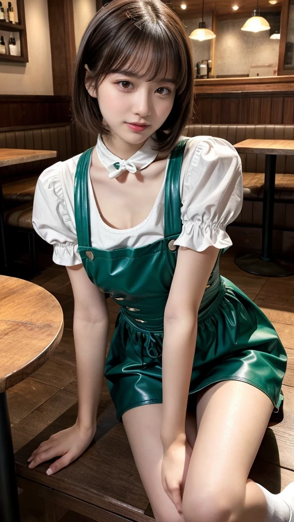 masterpiece, best quality, illustration, Super detailed, fine details, High resolution, 8K,wall paper, perfect dynamic composition, front view, knees, 18 year old girl, Gravure Idol, cute type, (Details High quality, realistic depiction of eyes:1.3), revealing clothes, short bob hair, bangs, black hair color, Dark makeup, Big Natural Color Lip, Emphasize the size of the breast, perfect body shape, plump figure, beautiful clavicle, Black leather jacket, BREAK (fusion of dirndl and short sleeve white collared-shirt with neck ribbon:1.4), ((A-line, underboobs, puff sleeves):1.3), ((deep-green Pinafore):1.3), thighs skin, (socks:1.3), (shoes:1.2), Restaurant, Serving customers inside the restaurant.