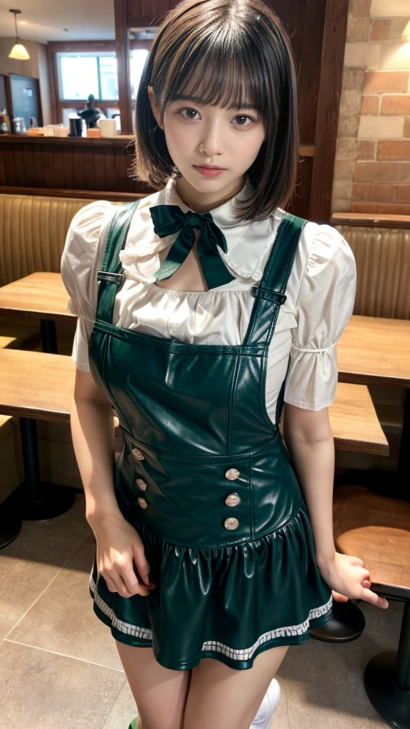 masterpiece, best quality, illustration, Super detailed, fine details, High resolution, 8K,wall paper, perfect dynamic composition, front view, knees, 18 year old girl, Gravure Idol, cute type, (Details High quality, realistic depiction of eyes:1.3), revealing clothes, short bob hair, bangs, black hair color, Dark makeup, Big Natural Color Lip, Emphasize the size of the breast, perfect body shape, plump figure, beautiful clavicle, Black leather jacket, BREAK (fusion of dirndl and short sleeve white collared-shirt with neck ribbon:1.4), ((A-line, underboobs, puff sleeves):1.3), ((deep-green Pinafore):1.3), thighs skin, (socks:1.3), (shoes:1.2), Restaurant, Serving customers inside the restaurant.
