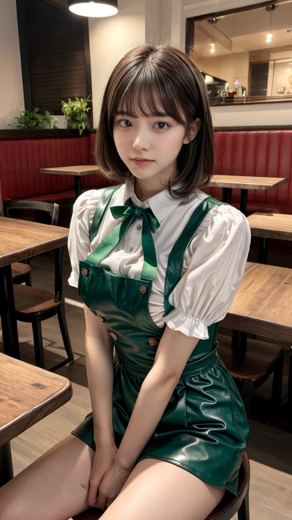 masterpiece, best quality, illustration, Super detailed, fine details, High resolution, 8K,wall paper, perfect dynamic composition, front view, knees, 18 year old girl, Gravure Idol, cute type, (Details High quality, realistic depiction of eyes:1.3), revealing clothes, short bob hair, bangs, black hair color, Dark makeup, Big Natural Color Lip, Emphasize the size of the breast, perfect body shape, plump figure, beautiful clavicle, Black leather jacket, BREAK (fusion of dirndl and short sleeve white collared-shirt with neck ribbon:1.4), ((A-line, underboobs, puff sleeves):1.3), ((deep-green Pinafore):1.3), thighs skin, (socks:1.3), (shoes:1.2), Restaurant, Serving customers inside the restaurant.