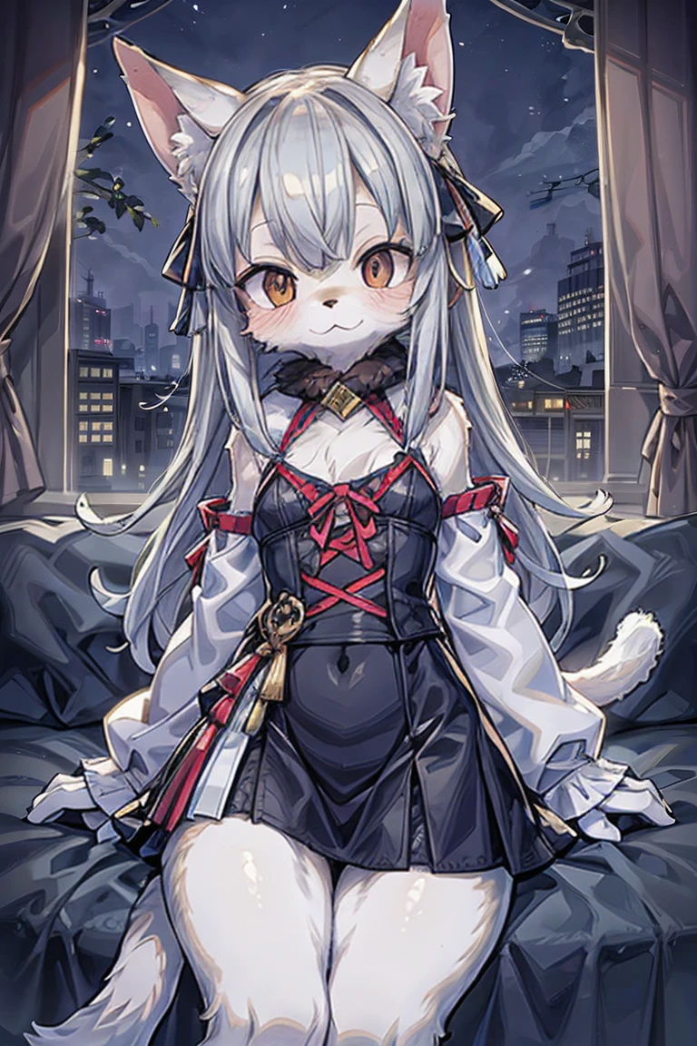 anthro female cat,short skirt,long whitr hair,eyes with brightness,in a panoramic view,focal point。Detailed background enhancement(0.7),solo,Furry fortification,Furry female,female focus,anthr,Fluffy tail all over,eBlue eyes,Yellow-fur,Long gray hair,The fur has white stripes on it,Small and cute strengthened,Long canids strengthened(1.2),interiors、the night、pays(1.1)。