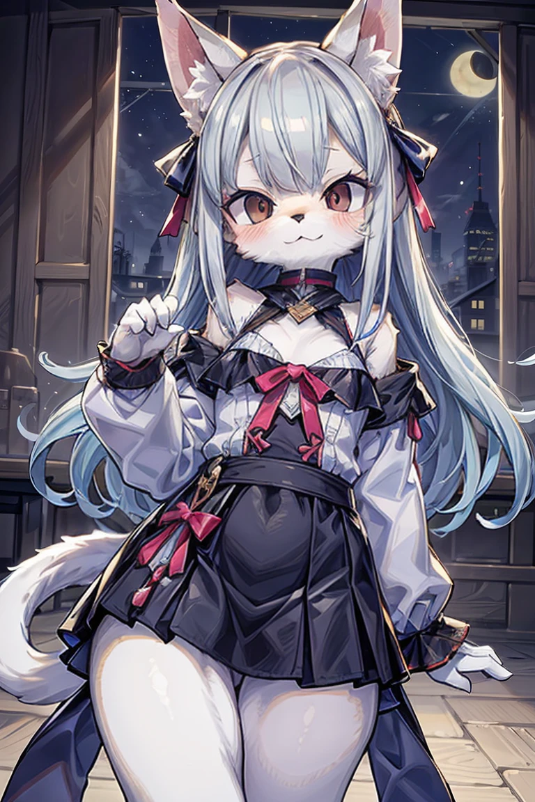 anthro female cat,short skirt,long whitr hair,eyes with brightness,in a panoramic view,focal point。Detailed background enhancement(0.7),solo,Furry fortification,Furry female,female focus,anthr,Fluffy tail all over,eBlue eyes,Yellow-fur,Long gray hair,The fur has white stripes on it,Small and cute strengthened,Long canids strengthened(1.2),interiors、the night、pays(1.1)。
