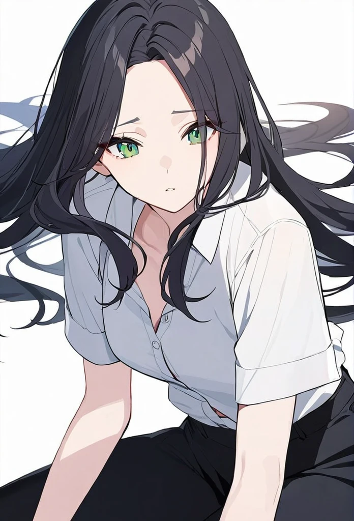 woman, black hair, long hair, open forehead, no bangs, green eyes, white button-down shirt, black pants
