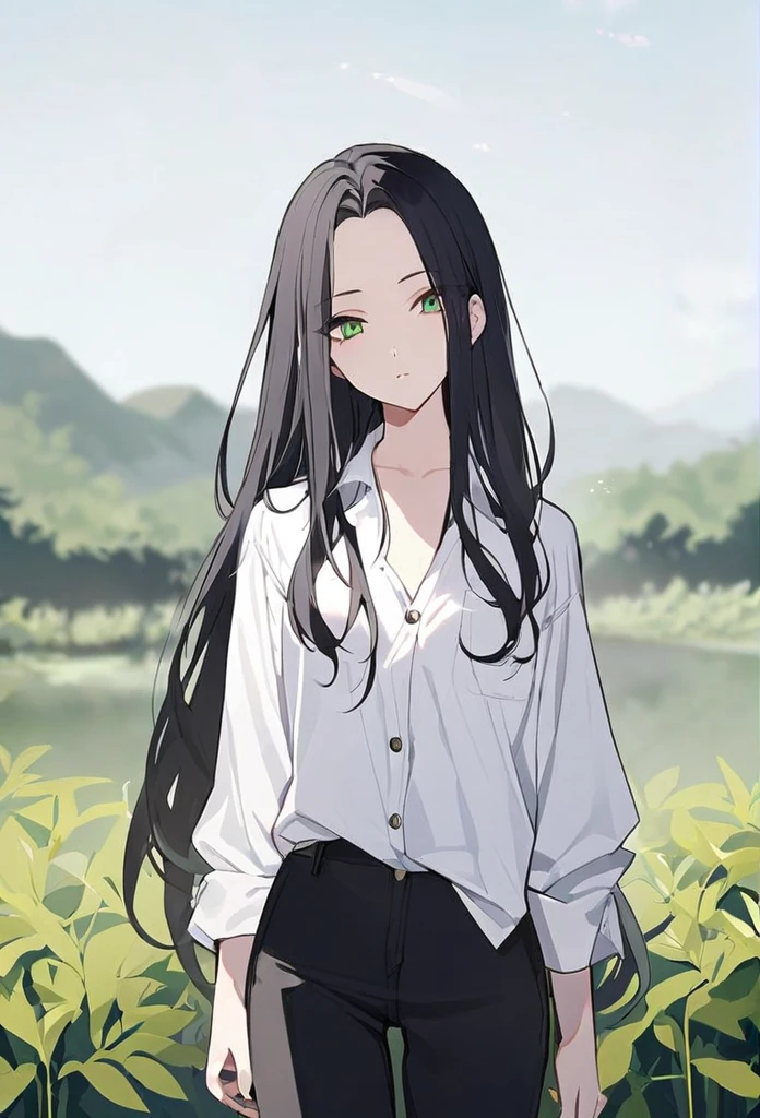 woman, black hair, long hair, open forehead, no bangs, green eyes, white button-down shirt, black pants