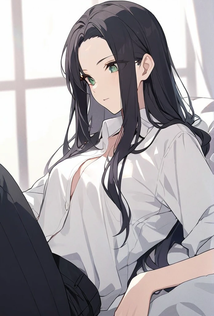 woman, black hair, long hair, open forehead, no bangs, green eyes, white button-down shirt, black pants