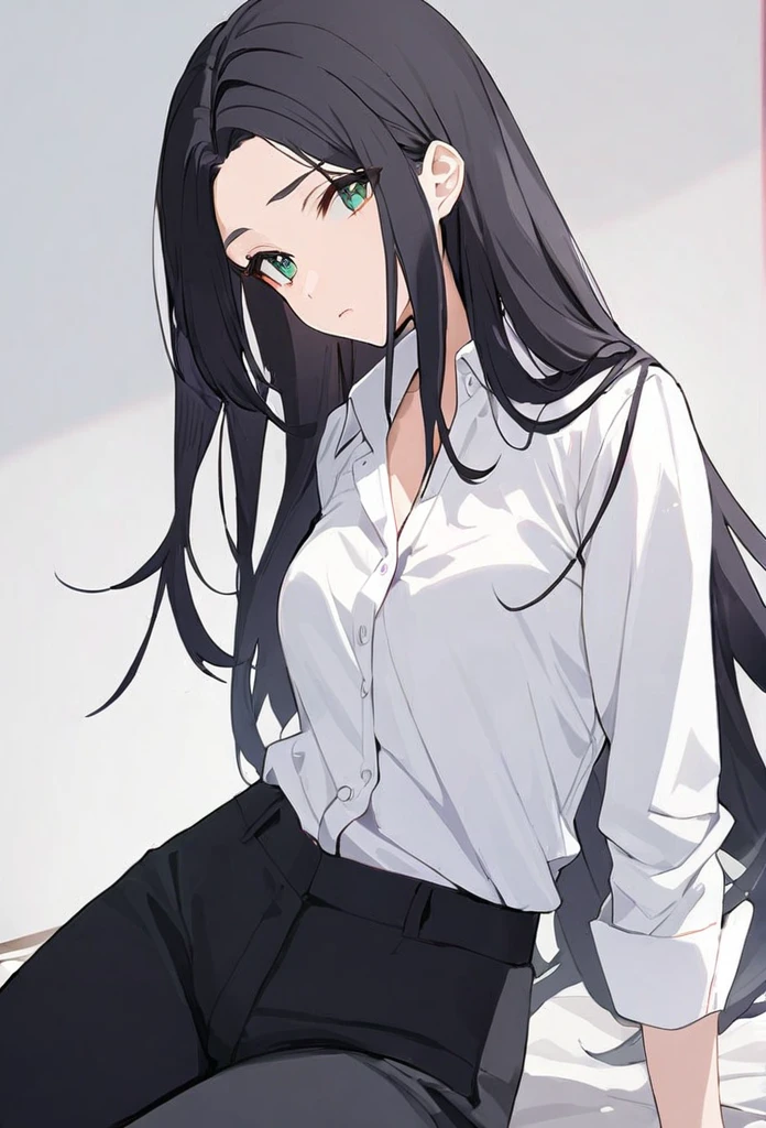 woman, black hair, long hair, open forehead, no bangs, green eyes, white button-down shirt, black pants
