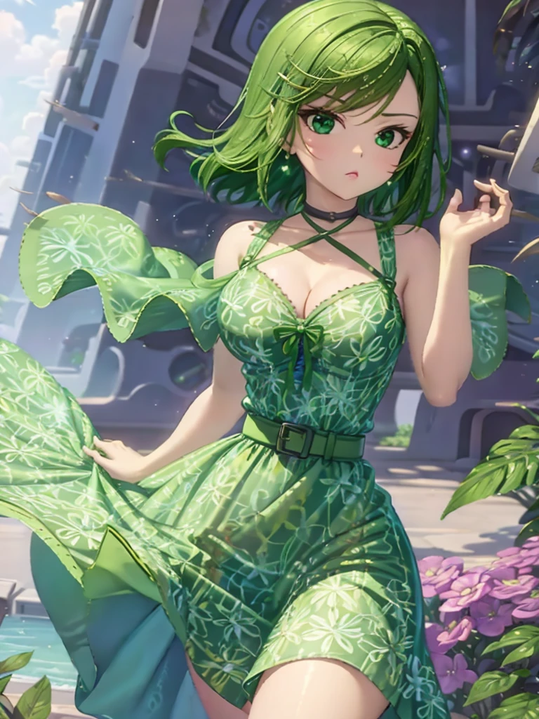 1girl, solo, beautiful girl, green skin, green eyes, big eyes, long eyelashes, green hair, short hair, shiny hair, medium breasts, green dress, strapless dress, floral print dress, green belt, purple scarf, green leggins, looking at viewer, bare arms, bare shoulders, disgust face, narrow waist, big butt, violet lips, lip gloss, perfect hands, perfect anatomy, dress pull, nipple slip, puffy nipples, 