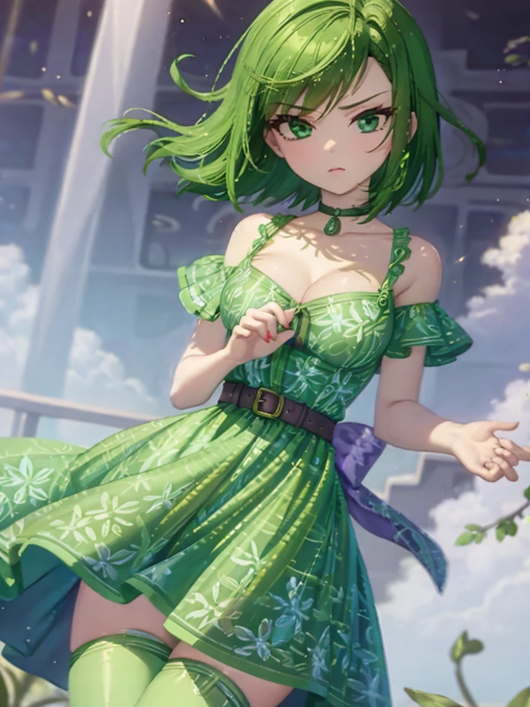 1girl, solo, beautiful girl, green skin, green eyes, big eyes, long eyelashes, green hair, short hair, shiny hair, medium breasts, green dress, strapless dress, floral print dress, green belt, purple scarf, green leggins, looking at viewer, bare arms, bare shoulders, disgust face, narrow waist, big butt, violet lips, lip gloss, perfect hands, perfect anatomy, dress pull, nipple slip, puffy nipples, 