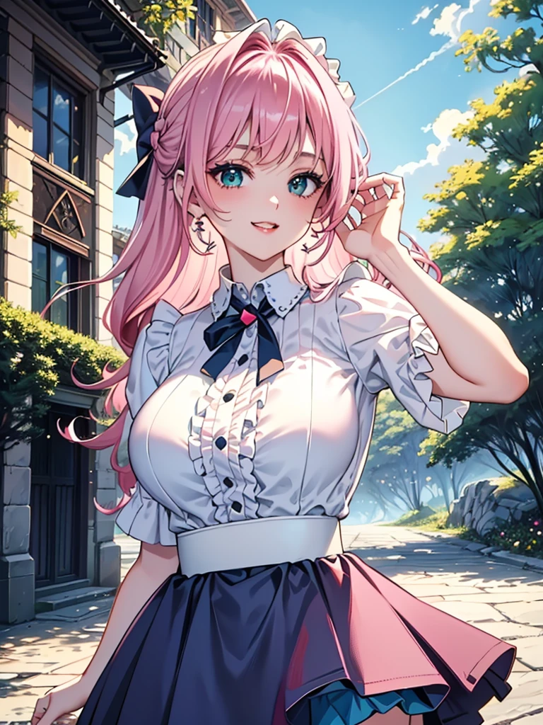 best image quality, masterpiece, ultra detailed, exquisite, cowboy shot, high quality, Beautiful art, One Girl, looking at viewers, hand in own hair, ((18 years old, Big Breasts, Giant bust:1.2)), fair skin, beautiful skin, Detailed teeth, Light green eye rest, beautiful eyes, twinkle(in the eyes), Pink Hair, Pink French Braid, thin, smile, Heartily laugh, Fashionable clothes、(white ruffled blouse:1.1)、White collared goss shirt, (dark blue high-waist skirt:1.5), (Short sleeve shirt:1.1),from above, 
