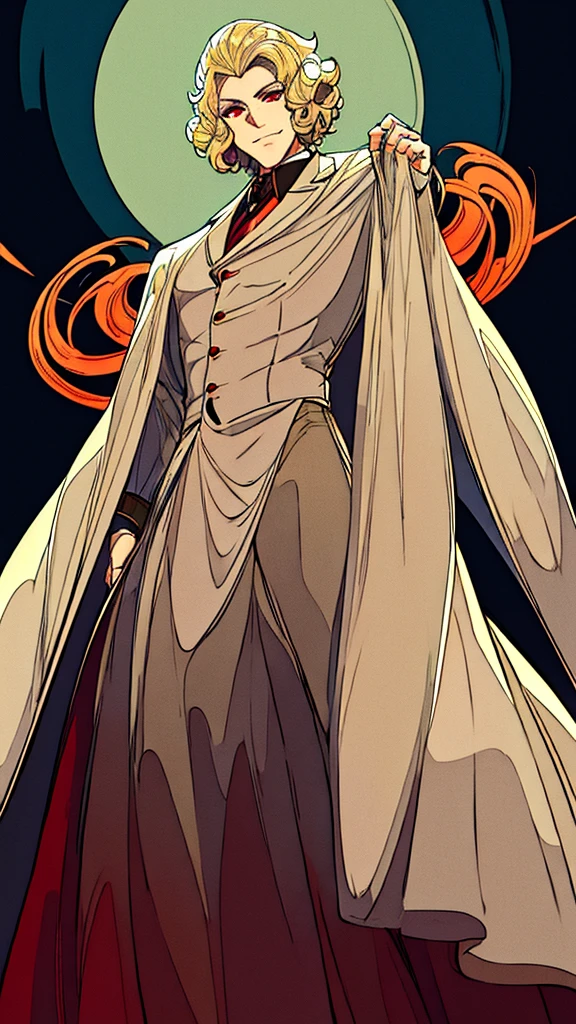 masterpiece, best quality, high quality, detailed, ultra detailed, beautiful, man, male, evil smiling, standing, looking at viewer, short hair, blonde, red eyes, pale skin, athletic, suit, black background, outside, beautiful, anime, moonlight, curly