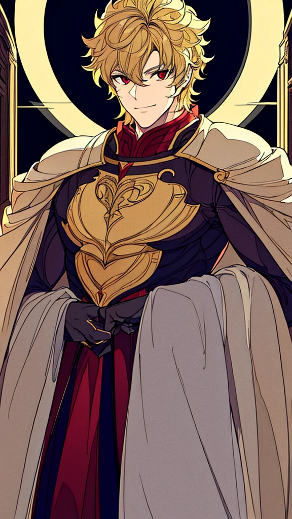 masterpiece, best quality, high quality, detailed, ultra detailed, beautiful, man, male, evil smiling, standing, looking at viewer, short hair, blonde, red eyes, pale skin, athletic, suit, black background, outside, beautiful, anime, moonlight, curly