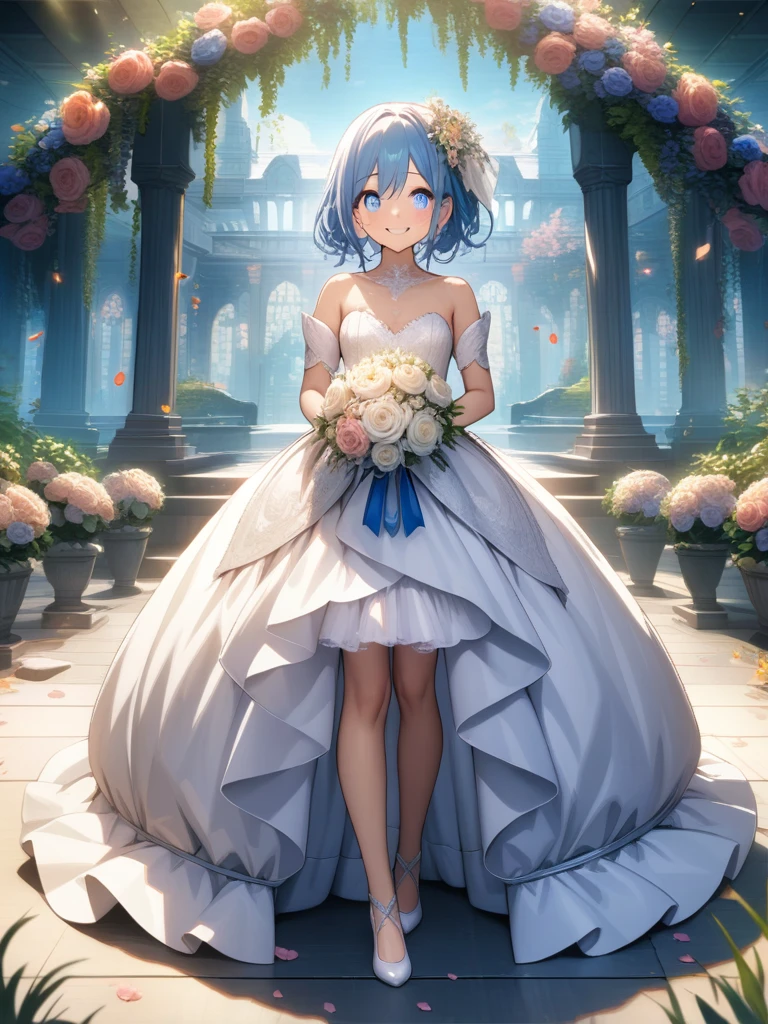 32k, best quality, ultra high res, HDR, UHD, extremely detailed CG, unity 32k wallpaper, (Best Quality, High Definition, masutepiece:1.2,), Illustration, 1girl in, Full body, ((wedding dress)), Looking at Viewer, Happy, blush,(((masutepiece))), (((Best Quality))), (((Ultra-detailed))), (((extremely delicate and beautiful))), (((Beautiful detailed eyes))), (((Beautiful floral background))), (Smile), Blue hair,