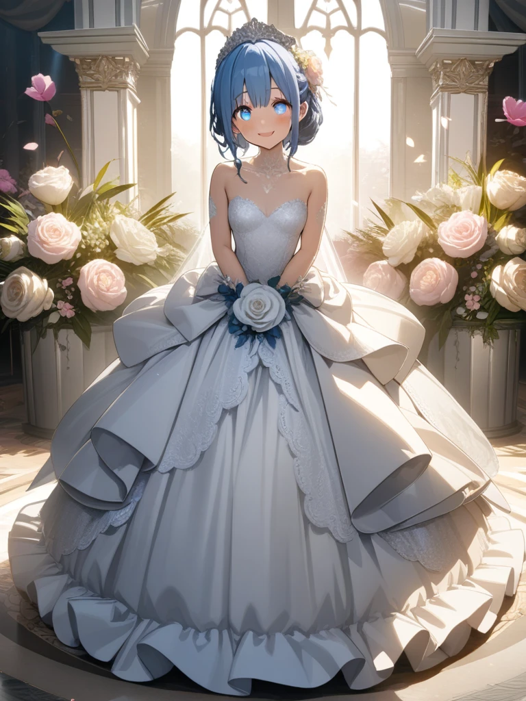 32k, best quality, ultra high res, HDR, UHD, extremely detailed CG, unity 32k wallpaper, (Best Quality, High Definition, masutepiece:1.2,), Illustration, 1girl in, Full body, ((wedding dress)), Looking at Viewer, Happy, blush,(((masutepiece))), (((Best Quality))), (((Ultra-detailed))), (((extremely delicate and beautiful))), (((Beautiful detailed eyes))), (((Beautiful floral background))), (Smile), Blue hair,