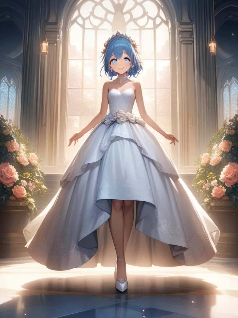 32k, best quality, ultra high res, HDR, UHD, extremely detailed CG, unity 32k wallpaper, (Best Quality, High Definition, masutepiece:1.2,), Illustration, 1girl in, Full body, ((wedding dress)), Looking at Viewer, Happy, blush,(((masutepiece))), (((Best Quality))), (((Ultra-detailed))), (((extremely delicate and beautiful))), (((Beautiful detailed eyes))), (((Beautiful floral background))), (Smile), Blue hair,