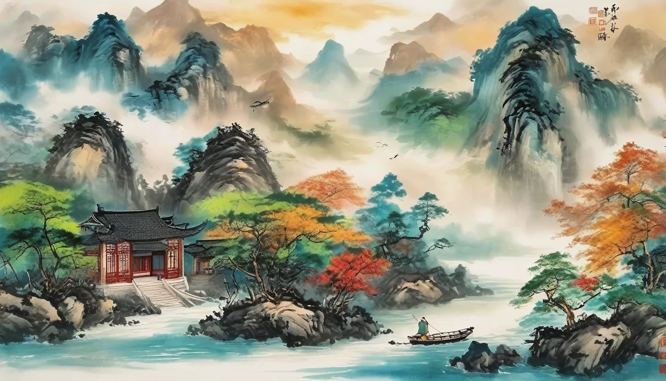 Highest quality,8K,Ultra Clear,Kimman.and, river，There is a boat in the water，There is an island on top of the mountain, Ink Painting, Chinese style,