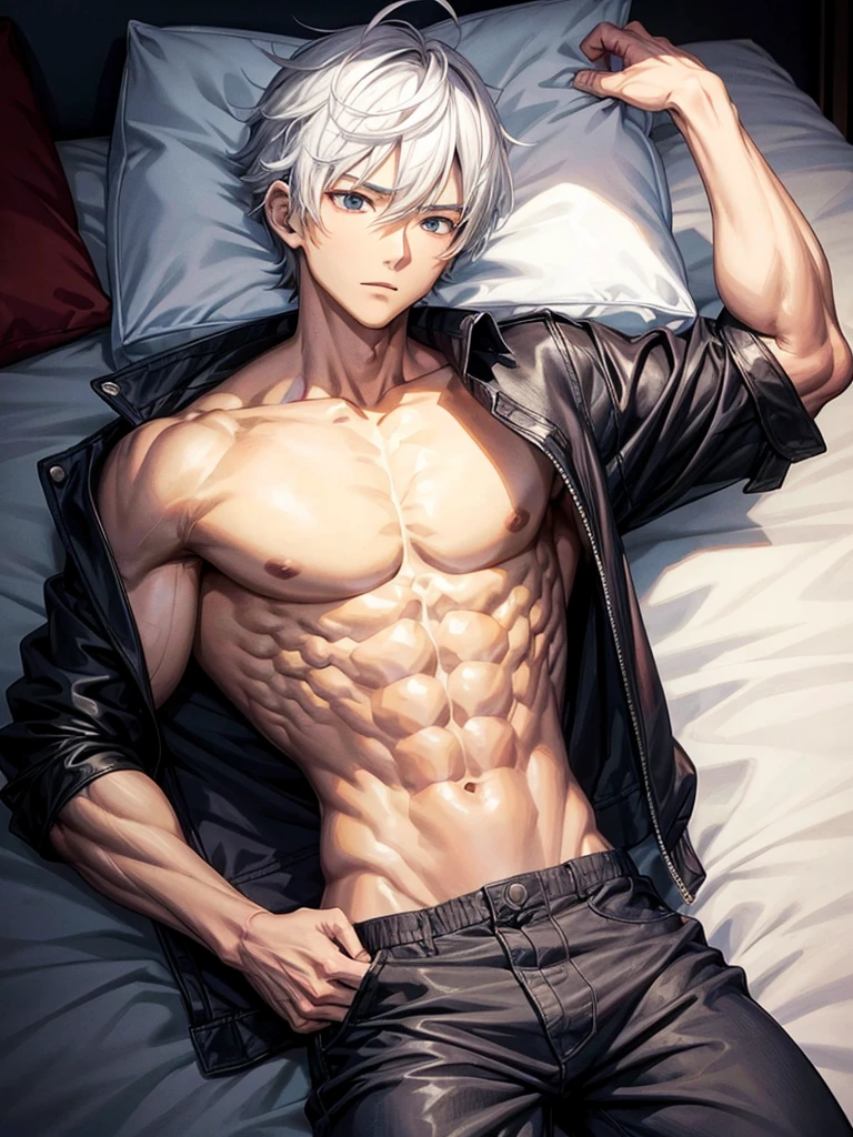 Anime guy about  without outerwear. Muscular with 6-pack abs and back. With white hair. Lying on the bed. 