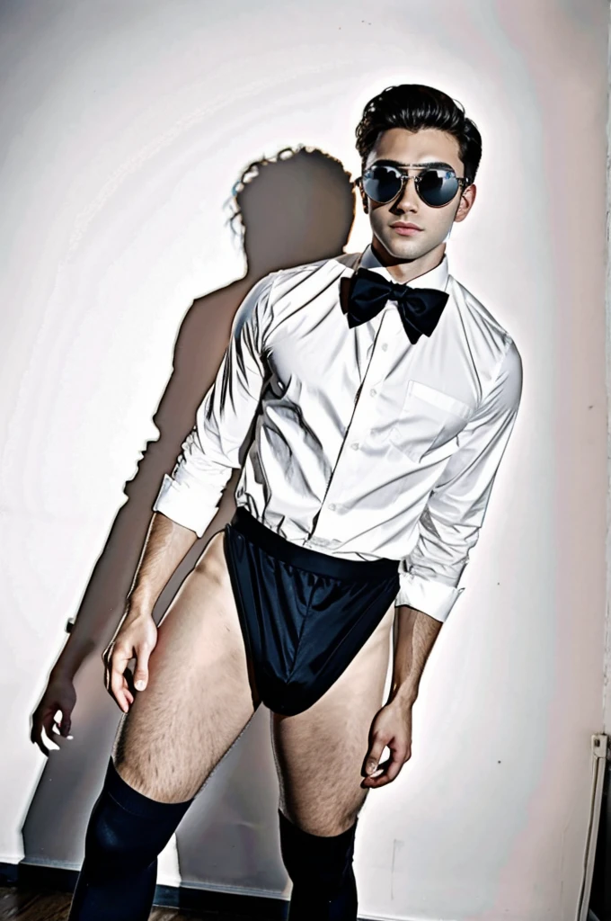 A handsome strong sexy manly man, dressed in a white shirt with a bow tie, the shirt neatly secured with mens shirt stays. Wearing only black underwear and black socks below, the socks held up with garters. The photo is a full-body shot from a side angle, taken in a fashion photography style, set against a backdrop of a clean, uncluttered space, sun glasses