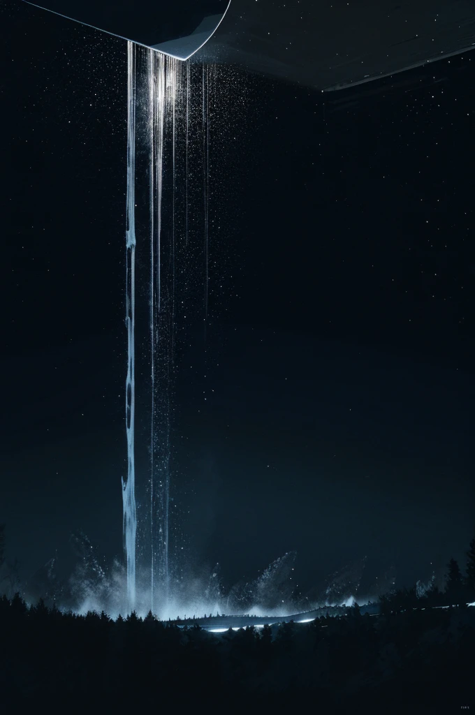 masterpiece, highres, beautiful landscape, high detailed, illustration. The sky in the painting is pitch black, adorned with twinkling stars. A full moon shines brightly, illuminating the surroundings. The moon is painted with a diffusion effect, creating a sense of illusion and shimmer. The waterfall in the painting cascades down from a high cliff, forming multiple streams of whitewater. The rushing water creates a roaring sound that echoes throughout the space. The stark white water stands out against the inky black sky, creating an incredibly majestic scene. The crane in the painting is standing on a rock in front of the waterfall. It is stretching its neck upwards, as if admiring the surrounding beauty. The crane is painted in proportion, with slender and graceful lines. The crane's plumage is pristine white, contrasting against the pitch black sky. The radiant golden moonlight against the inky black sky forms an impactful focal point. The moonlight serves as the primary light source, generating an ethereal and magical effect.