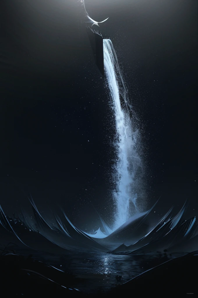 masterpiece, highres, beautiful landscape, high detailed, illustration. The sky in the painting is pitch black, adorned with twinkling stars. A full moon shines brightly, illuminating the surroundings. The moon is painted with a diffusion effect, creating a sense of illusion and shimmer. The waterfall in the painting cascades down from a high cliff, forming multiple streams of whitewater. The rushing water creates a roaring sound that echoes throughout the space. The stark white water stands out against the inky black sky, creating an incredibly majestic scene. The crane in the painting is standing on a rock in front of the waterfall. It is stretching its neck upwards, as if admiring the surrounding beauty. The crane is painted in proportion, with slender and graceful lines. The crane's plumage is pristine white, contrasting against the pitch black sky. The radiant golden moonlight against the inky black sky forms an impactful focal point. The moonlight serves as the primary light source, generating an ethereal and magical effect.