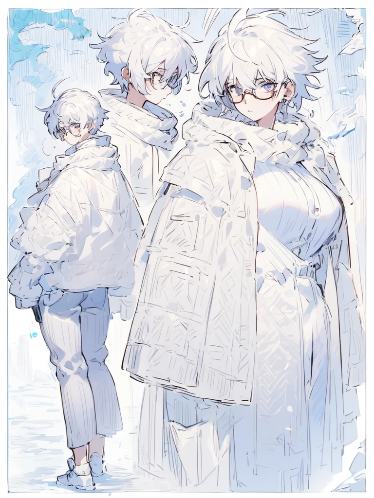 Concept art of anime character, young woman, 21 years old, white short hair, glasses, huge breasts, white fashion shirt, brown open sweater, leggings, full body, two poses