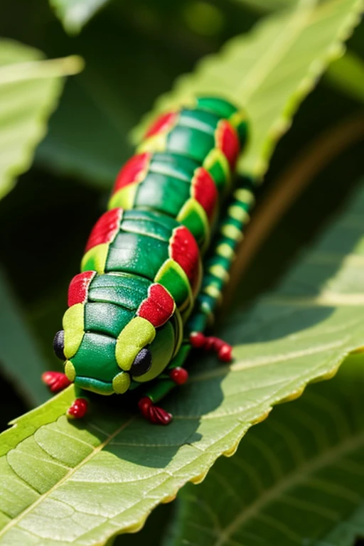 masterpiece, high quality, colorful caterpillar, looks at the camera, smiling, can talk, lies on a green leaf