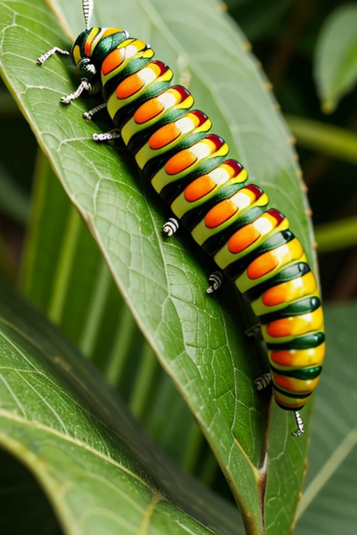 masterpiece, high quality, colorful caterpillar, looks at the camera, smiling, can talk, lies on a green leaf