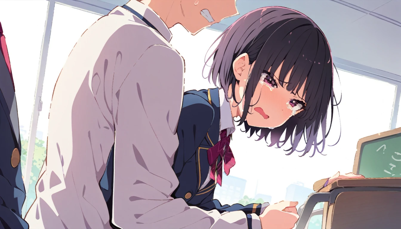 
One girl with black bob hair、Blazer uniform、Sexual violence、Being touched by a man、Standing posture、classroom、Shyness、Crying face、resistance、fear