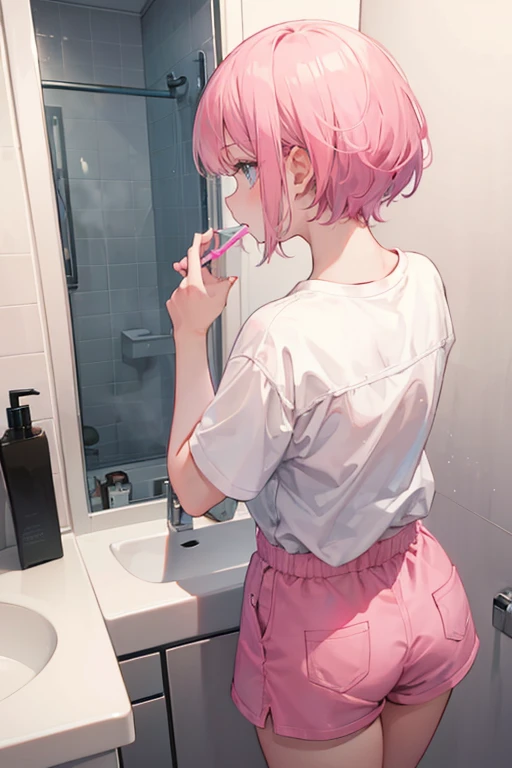 cute girl with short pink hair with bangs, wearing a white shirt and pink shorts in the bathroom, brushing their teeth, with their back turned to the camera, not looking at the camera, instead looking at the mirror in front of them, 8k